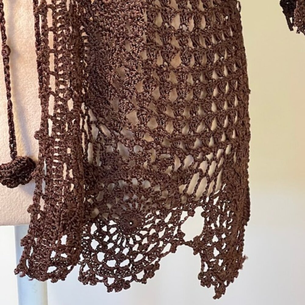 Vintage Y2k Fairy Cottagecore Crochet Knit Brown Sweater Cardigan OS - Picture 6 of 11